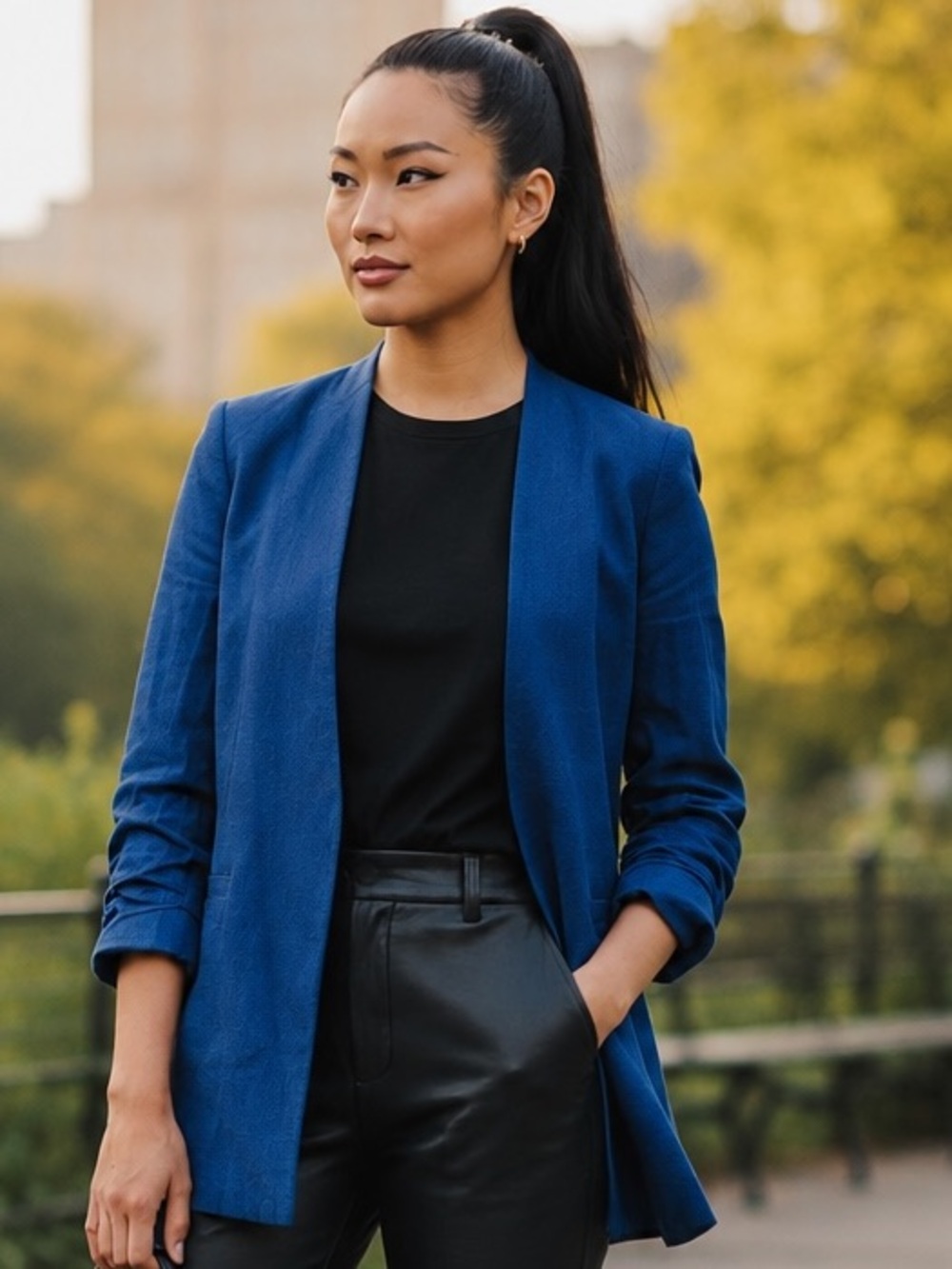 Alice + Olivia Cobalt Blue Linen Blend Ruched Sleeve Blazer Size 8